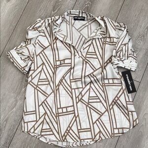 KARL LAGERFELD White & Brown Geometric Short-Sleeve Shirt new with tags size S